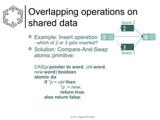 Overlapping operations on
Insert 2
shared data
2


Example: Insert operation 1

4

- which of 2 or 3 gets inserted?


Solution: Compare-And-Swap
atomic primitive:
CAS(p:pointer to word, old:word,
new:word):boolean
atomic do
if *p = old then
*p := new;
return true;
else return false;

© Ph. Tsigas 2003-2004

3
Insert 3

 