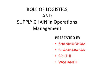 ROLE OF LOGISTICS
AND
SUPPLY CHAIN in Operations
Management
PRESENTED BY
• SHANMUGHAM
• SILAMBARASAN
• SRUTHI
• VASHANTH
 