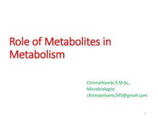Role of Metabolites in
Metabolism
Chinnathambi S M.Sc.,
Microbiologist
chinnaselvamc345@gmail.com
1
 