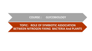 COURSE : GLYCOBIOLOGY
TOPIC: ROLE OF SYMBIOTIC ASSOCIATION
BETWEEN NITROGEN FIXING BACTERIA And PLANTS
 
