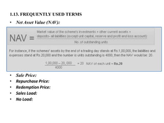 1.13. FREQUENTLY USED TERMS
• Net Asset Value (NAV):
• Sale Price:
• Repurchase Price:
• Redemption Price:
• Sales Load:
• No Load:
 