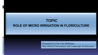 TOPIC
ROLE OF MICRO IRRIGATION IN FLORICULTURE
Presented by Cho Cho Shabnum
Msc.(Horti) Floriculture and Landscape Architecture.
 