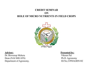 CREDIT SEMINAR
ON
ROLE OF MICRO NUTRIENTS IN FIELD CROPS
Advisor: Presented by:
Dr. Biswarup Mehera Vikram Pal
Dean (NAI SHUATS) Ph.D. Agronomy
Department of Agronomy. ID.No.21PHAGRN102
 