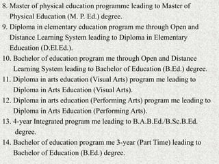 8. Master of physical education programme leading to Master of
Physical Education (M. P. Ed.) degree.
9. Diploma in elementary education program me through Open and
Distance Learning System leading to Diploma in Elementary
Education (D.El.Ed.).
10. Bachelor of education program me through Open and Distance
Learning System leading to Bachelor of Education (B.Ed.) degree.
11. Diploma in arts education (Visual Arts) program me leading to
Diploma in Arts Education (Visual Arts).
12. Diploma in arts education (Performing Arts) program me leading to
Diploma in Arts Education (Performing Arts).
13. 4-year Integrated program me leading to B.A.B.Ed./B.Sc.B.Ed.
degree.
14. Bachelor of education program me 3-year (Part Time) leading to
Bachelor of Education (B.Ed.) degree.
 