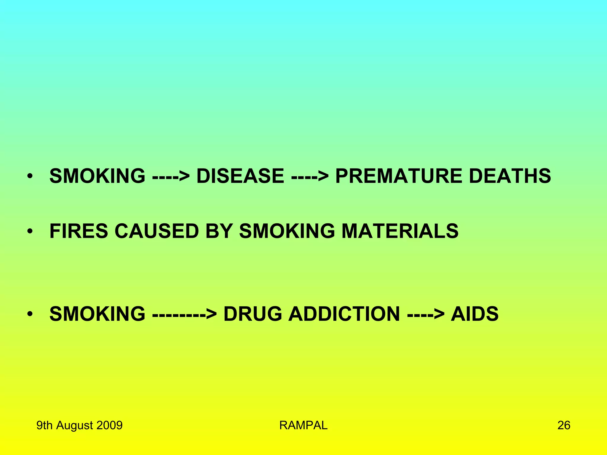 SMOKING ----> DISEASE ----> PREMATURE DEATHS FIRES CAUSED BY SMOKING MATERIALS SMOKING --------> DRUG ADDICTION ----> AIDS 9th August 2009 RAMPAL 