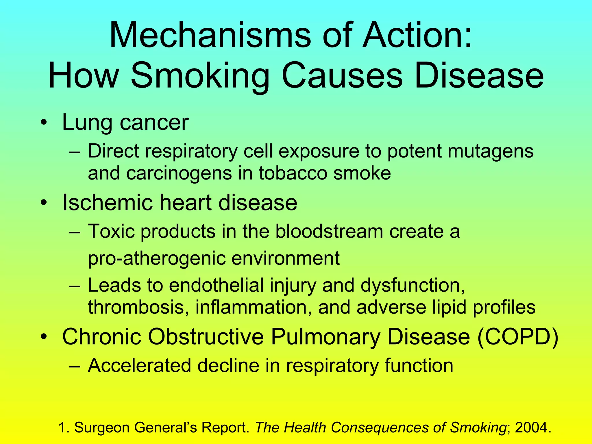 Mechanisms of Action:  How Smoking Causes Disease Lung cancer Direct respiratory cell exposure to potent mutagens and carcinogens in tobacco smoke Ischemic heart disease Toxic products in the bloodstream create a  pro-atherogenic environment  Leads to endothelial injury and dysfunction, thrombosis, inflammation, and adverse lipid profiles Chronic Obstructive Pulmonary Disease (COPD) Accelerated decline in respiratory function 1. Surgeon General’s Report.  The Health Consequences of Smoking ; 2004.  