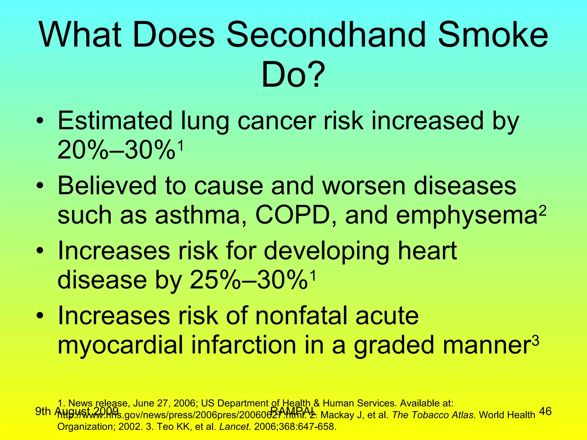 What Does Secondhand Smoke Do? Estimated lung cancer risk increased by  20%–30% 1 Believed to cause and worsen diseases such as asthma, COPD, and emphysema 2 Increases risk for developing heart disease by 25%–30% 1 Increases risk of nonfatal acute myocardial infarction in a graded manner 3 1. News release, June 27, 2006; US Department of Health & Human Services. Available at: http://www.hhs.gov/news/press/2006pres/20060627.html. 2. Mackay J, et al.  The Tobacco Atlas.  World Health Organization; 2002. 3. Teo KK, et al.  Lancet.  2006;368:647-658.  9th August 2009 RAMPAL 