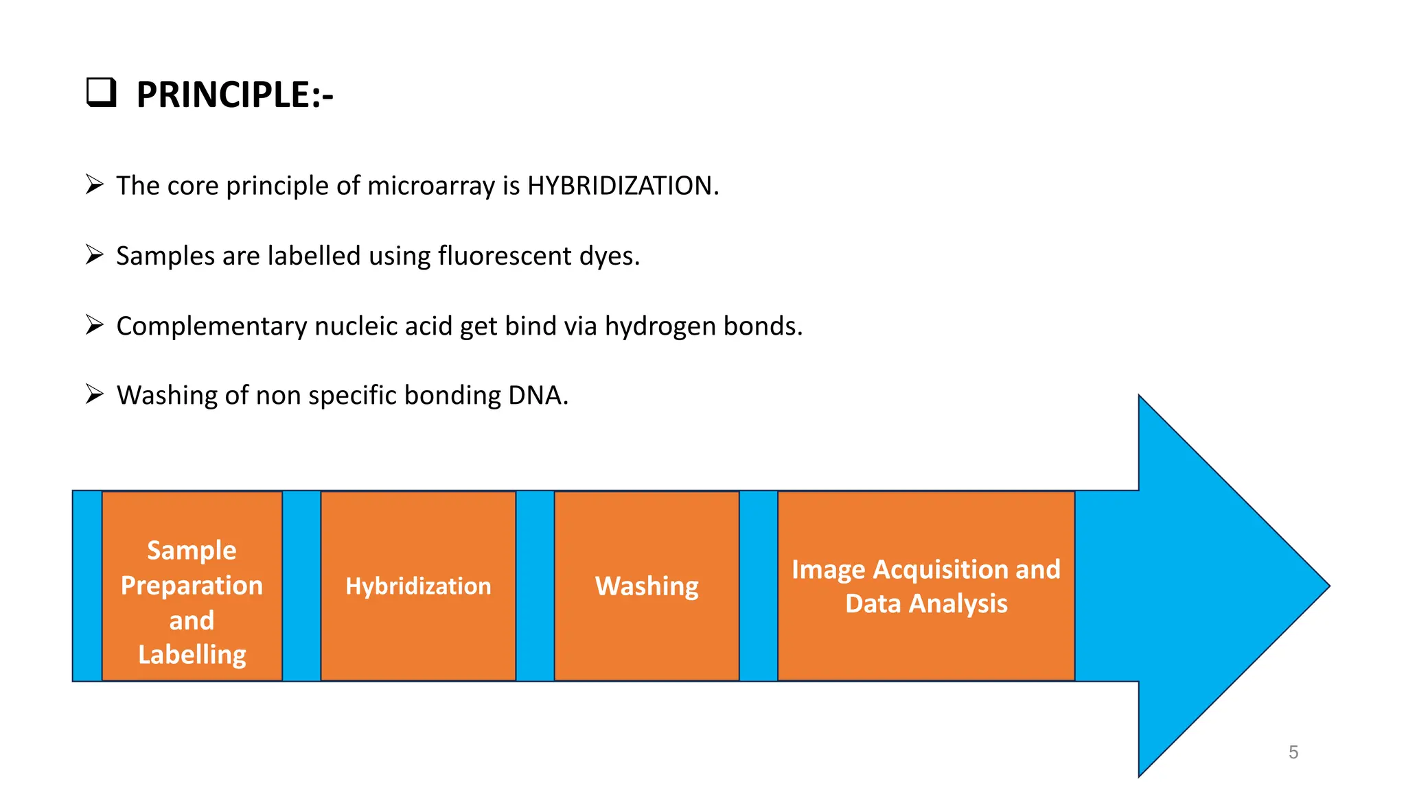 ❑ PRINCIPLE:-
➢ The core principle of microarray is HYBRIDIZATION.
➢ Samples are labelled using fluorescent dyes.
➢ Complementary nucleic acid get bind via hydrogen bonds.
➢ Washing of non specific bonding DNA.
Sample
Preparation
and
Labelling
Hybridization Washing
Image Acquisition and
Data Analysis
5
 