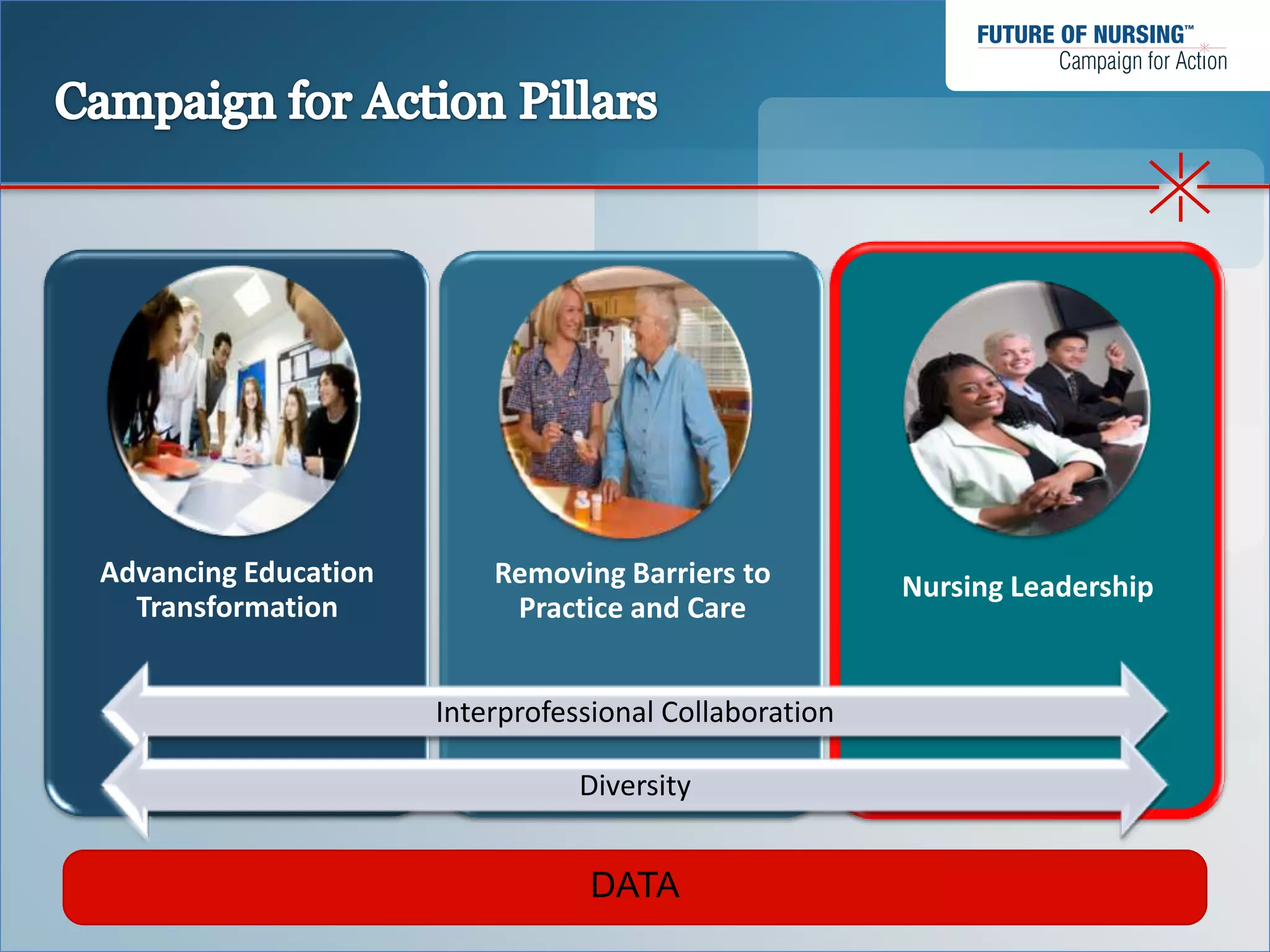 Advancing Education       Removing Barriers to          Nursing Leadership
  Transformation           Practice and Care


                      Interprofessional Collaboration

                                 Diversity


                                  DATA
 
