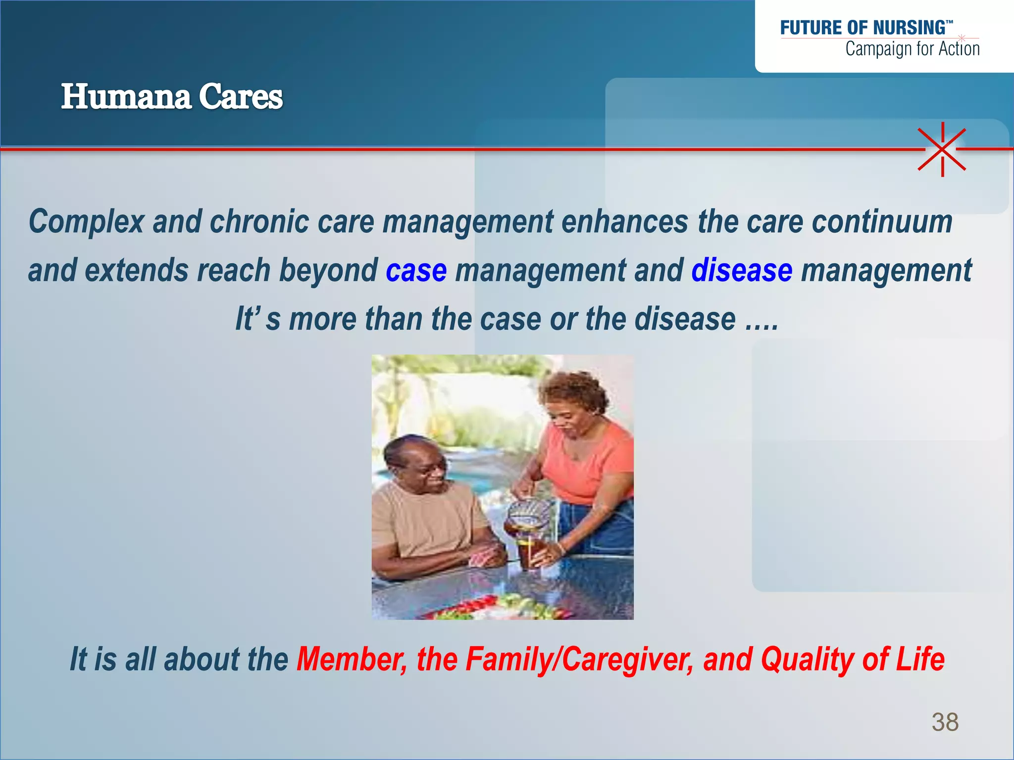 Complex and chronic care management enhances the care continuum
and extends reach beyond case management and disease management
               It’ s more than the case or the disease ….




  It is all about the Member, the Family/Caregiver, and Quality of Life
                                                                     38
 