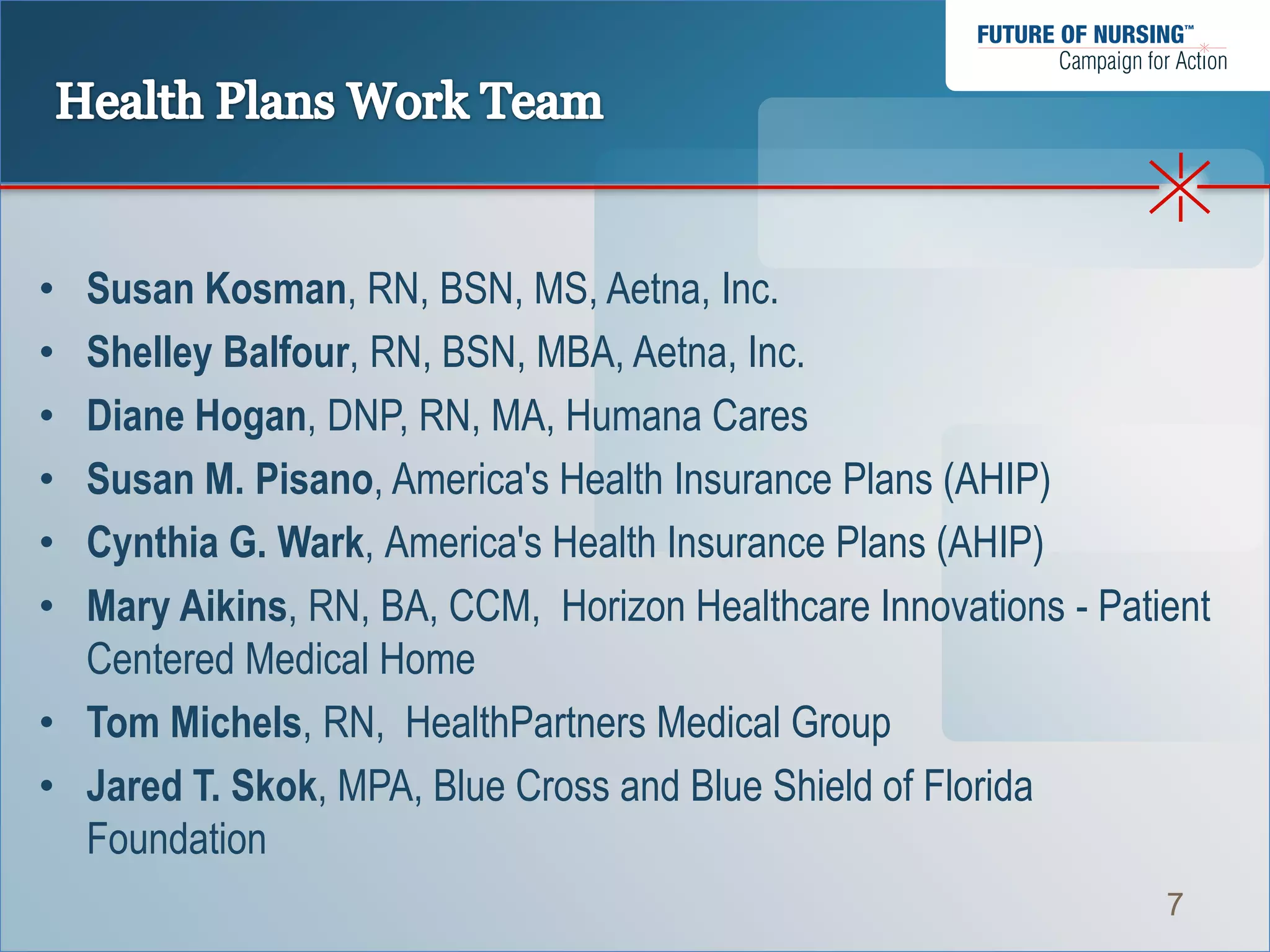 • Susan Kosman, RN, BSN, MS, Aetna, Inc.
• Shelley Balfour, RN, BSN, MBA, Aetna, Inc.
• Diane Hogan, DNP, RN, MA, Humana Cares
• Susan M. Pisano, America's Health Insurance Plans (AHIP)
• Cynthia G. Wark, America's Health Insurance Plans (AHIP)
• Mary Aikins, RN, BA, CCM, Horizon Healthcare Innovations - Patient
  Centered Medical Home
• Tom Michels, RN, HealthPartners Medical Group
• Jared T. Skok, MPA, Blue Cross and Blue Shield of Florida
  Foundation
                                                                 7
 