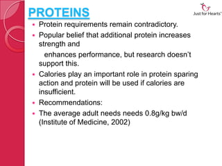 PROTEINS
   Protein requirements remain contradictory.
   Popular belief that additional protein increases
    strength ...
