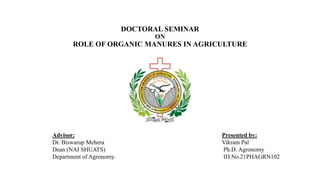 DOCTORAL SEMINAR
ON
ROLE OF ORGANIC MANURES IN AGRICULTURE
Advisor: Presented by:
Dr. Biswarup Mehera Vikram Pal
Dean (NAI SHUATS) Ph.D. Agronomy
Department of Agronomy. ID.No.21PHAGRN102
 