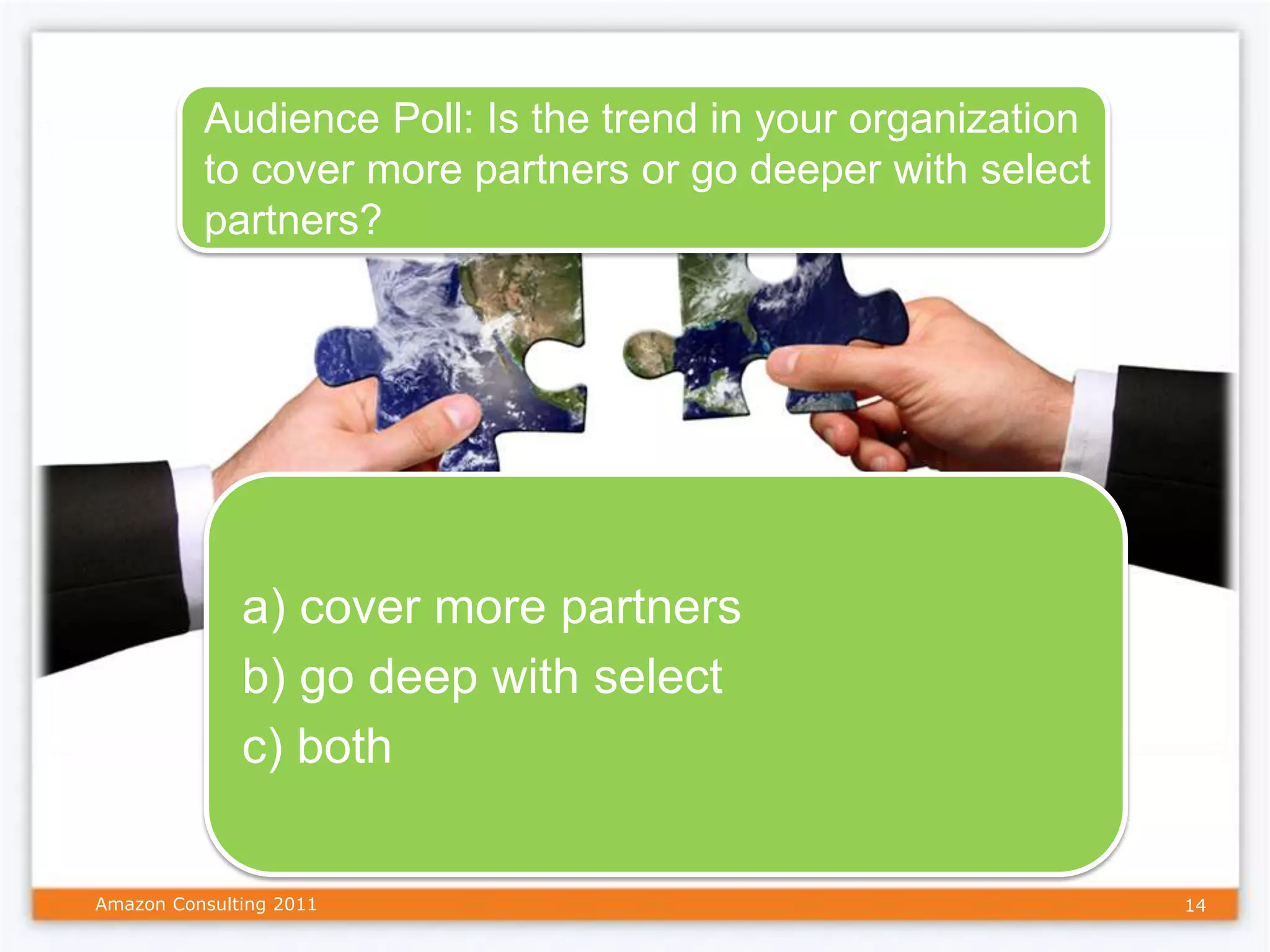 Audience Poll: Is the trend in your organization
          to cover more partners or go deeper with select
          partners?




              a) cover more partners
              b) go deep with select
              c) both

Amazon Consulting 2011                                       14
 