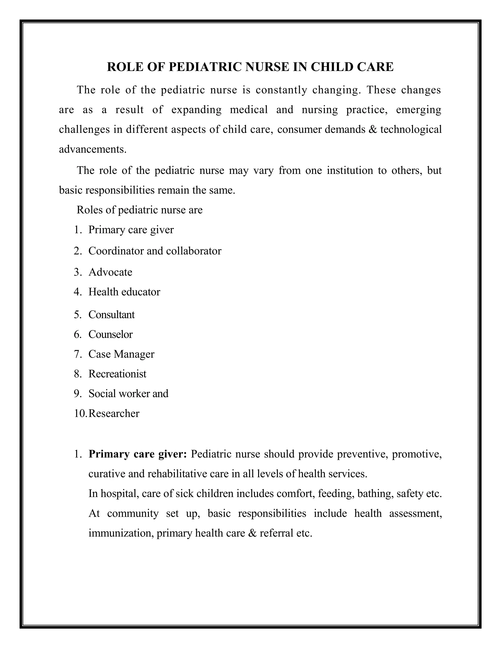 Role of pediatric nurse in child care | DOCX