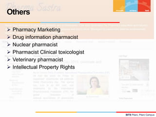 BITS Pilani, Pilani Campus
 Pharmacy Marketing
 Drug information pharmacist
 Nuclear pharmacist
 Pharmacist Clinical toxicologist
 Veterinary pharmacist
 Intellectual Property Rights
Others
 
