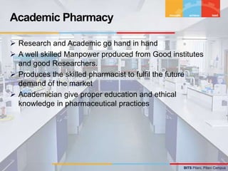 BITS Pilani, Pilani Campus
 Research and Academic go hand in hand
 A well skilled Manpower produced from Good institutes
and good Researchers.
 Produces the skilled pharmacist to fulfil the future
demand of the market
 Academician give proper education and ethical
knowledge in pharmaceutical practices
Academic Pharmacy
 