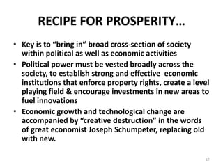 RECIPE FOR PROSPERITY…
• Key is to “bring in” broad cross-section of society
within political as well as economic activiti...