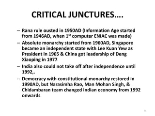 CRITICAL JUNCTURES….
– Rana rule ousted in 1950AD (Information Age started
from 1946AD, when 1st computer ENIAC was made)
– Absolute monarchy started from 1960AD, Singapore
became an independent state with Lee Kuan Yew as
President in 1965 & China got leadership of Deng
Xiaoping in 1977
– India also could not take off after independence until
1992,.
– Democracy with constitutional monarchy restored in
1990AD, but Narasimha Rao, Man Mohan Singh, &
Chidambaran team changed Indian economy from 1992
onwards
8
 