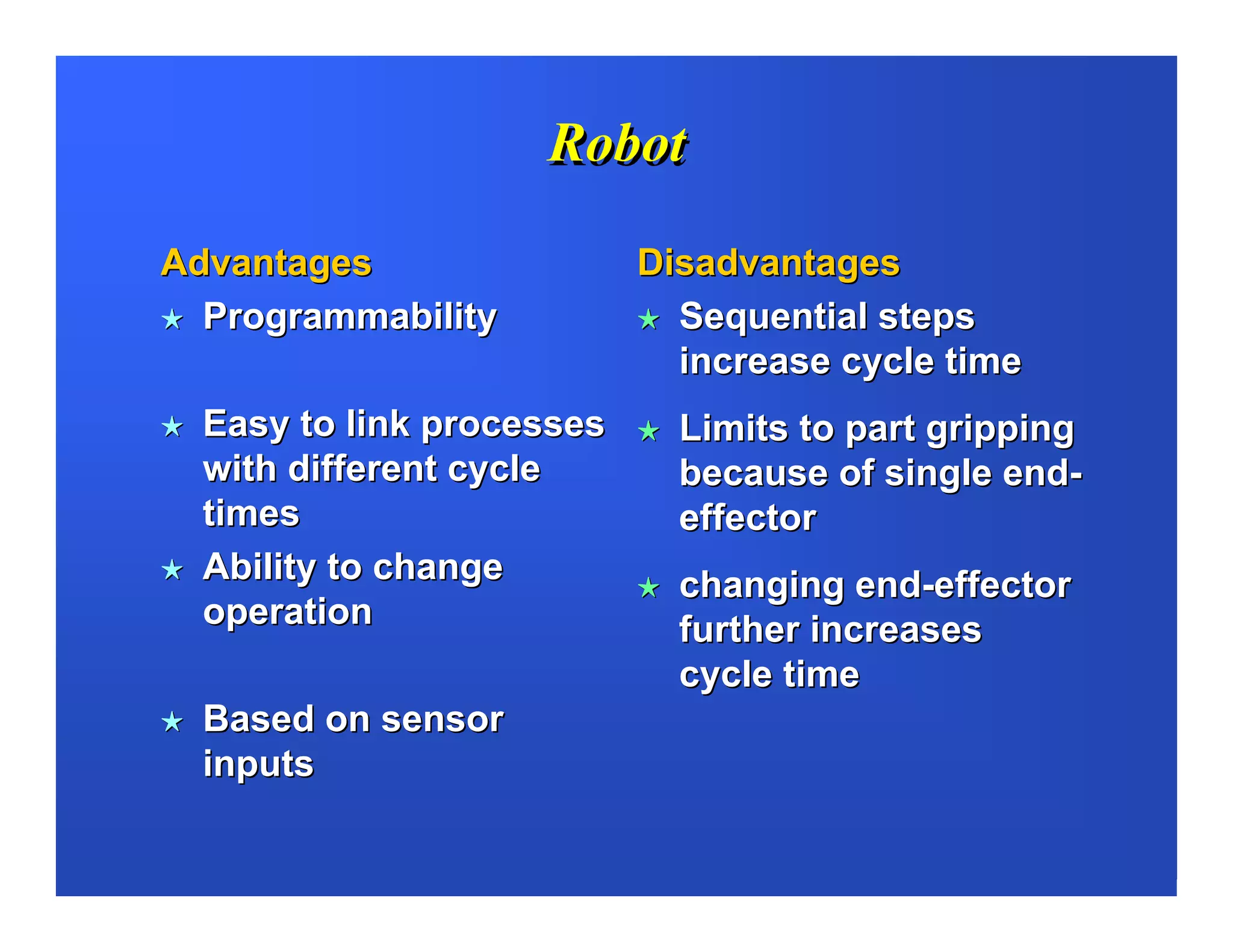 Robot

Advantages                 Disadvantages
  Programmability            Sequential steps
                             increase cycle time
  Easy to link processes     Limits to part gripping
  with different cycle       because of single end-
  times                      effector
  Ability to change          changing end-effector
  operation                  further increases
                             cycle time
  Based on sensor
  inputs
 