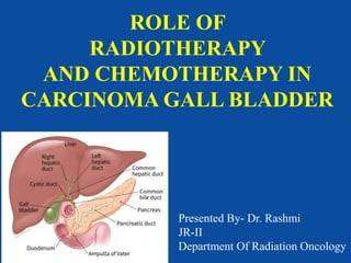 ROLE OF
RADIOTHERAPY
AND CHEMOTHERAPY IN
CARCINOMA GALL BLADDER
Presented By- Dr. Rashmi
JR-II
Department Of Radiation Oncology
 