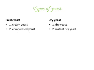 Types of yeast
Fresh yeast
• 1. cream yeast
• 2. compressed yeast
Dry yeast
• 1. dry yeast
• 2. instant dry yeast
 