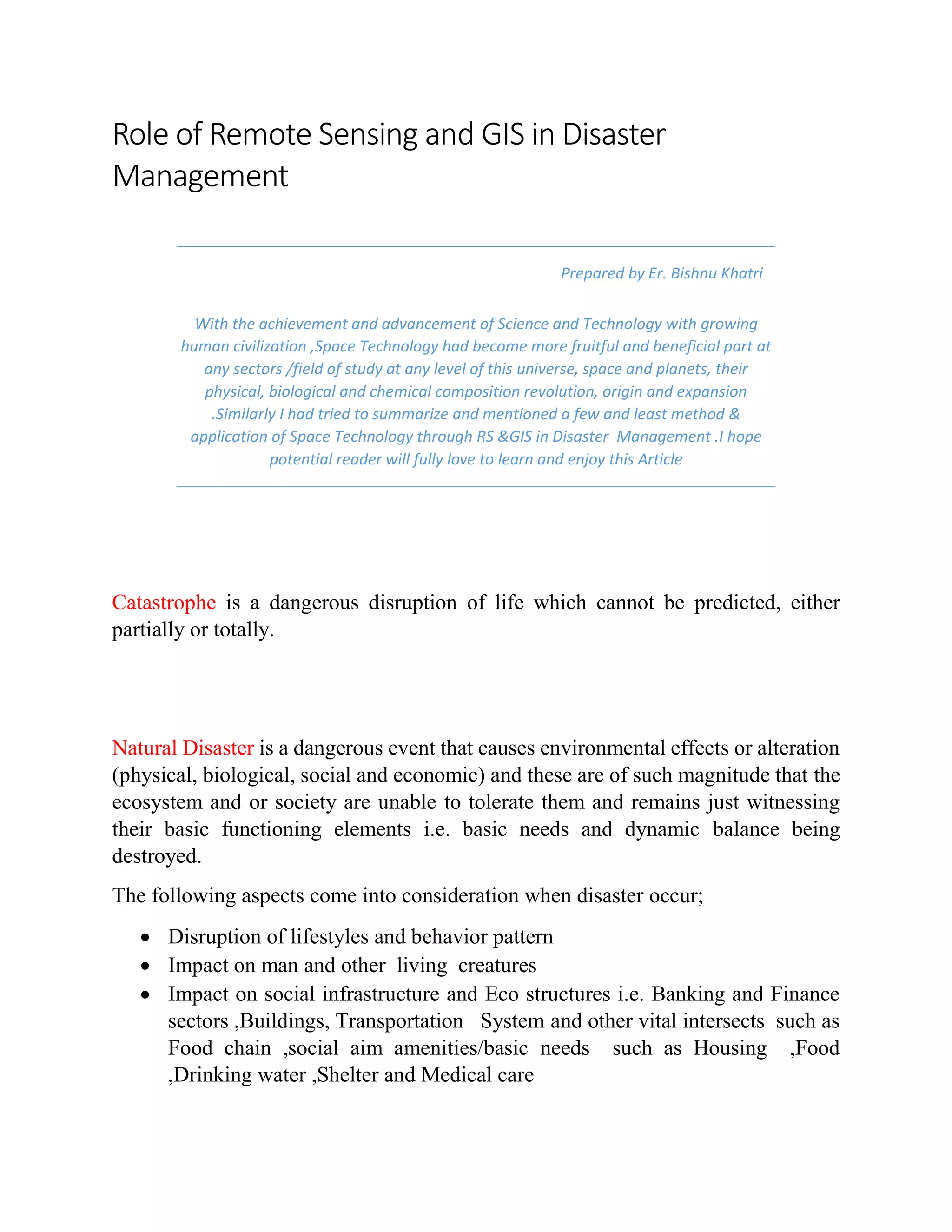 Role of RS & GIS; gis in disaster management prepared by er. bishnu ...