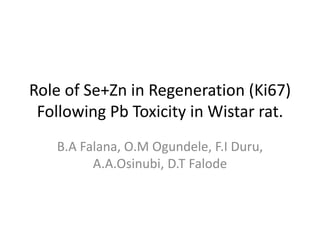 Role of Se+Zn in Regeneration (Ki67)
Following Pb Toxicity in Wistar rat.
B.A Falana, O.M Ogundele, F.I Duru,
A.A.Osinubi, D.T Falode
 
