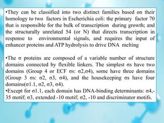 •They can be classified into two distinct families based on their
homology to two factors in Escherichia coli: the primary factor 70
that is responsible for the bulk of transcription during growth; and
the structurally unrelated 54 (or N) that directs transcription in
response to environmental signals, and requires the input of
enhancer proteins and ATP hydrolysis to drive DNA melting
•The σ proteins are composed of a variable number of structure
domains connected by flexible linkers. The simplest σs have two
domains (Group 4 or ECF σs: σ2,σ4), some have three domains
(Group 3 σs: σ2, σ3, σ4), and the housekeeping σs have four
domains(σ1.1, σ2, σ3, σ4).
•Except for σ1.1, each domain has DNA-binding determinants: σ4,-
35 motif; σ3, extended -10 motif; σ2, -10 and discriminator motifs.
 