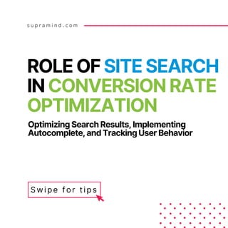 s u p r a m i n d . c o m
ROLE OF SITE SEARCH
IN CONVERSION RATE
OPTIMIZATION
Optimizing Search Results, Implementing
Autocomplete, and Tracking User Behavior
Swipe for tips
 