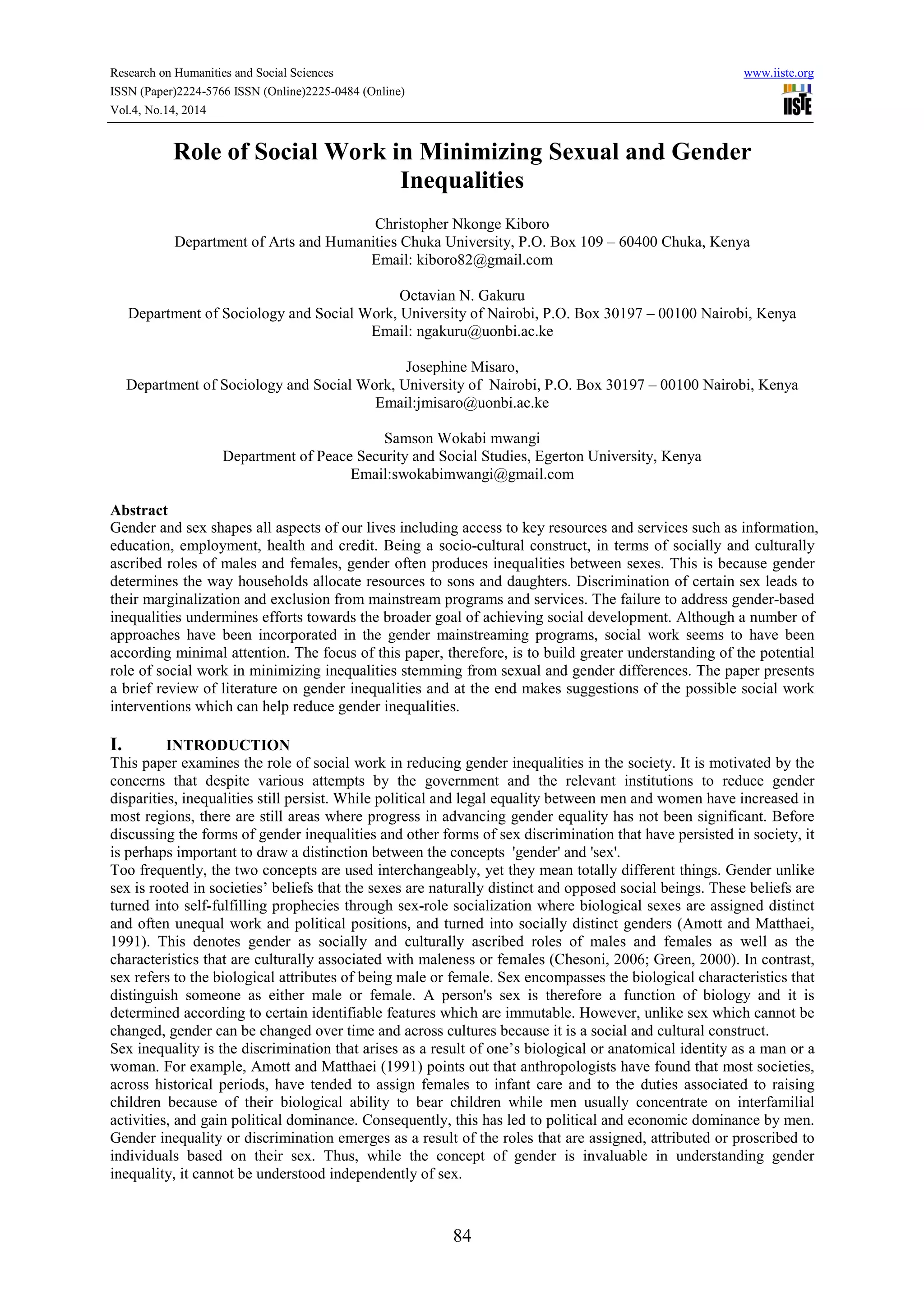 Role of social work in minimizing sexual and gender inequalities | PDF