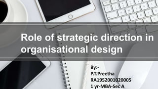 Role of strategic direction in
organisational design
By:-
P.T.Preetha
RA1952001020005
1 yr-MBA-Sec A
 