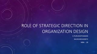 ROLE OF STRATEGIC DIRECTION IN
ORGANIZATION DESIGN
E.PURUSHOTHAMAN
RA1952001020072
MBA - 1B
 