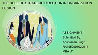 THE ROLE OF STRATEGIC DIRECTION IN ORGANIZATION
DESIGN
ASSIGNMENT 1
Submitted By:
Anshuman Singh
RA1952001020014
MBA ‘A’
 