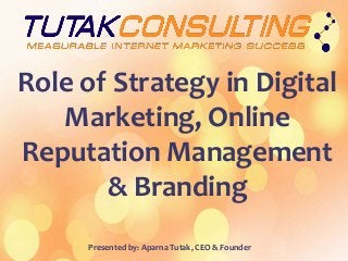 Presented by: Aparna Tutak, CEO & Founder
Role of Strategy in Digital
Marketing, Online
Reputation Management
& Branding
 