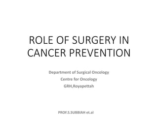PROF.S.SUBBIAH et.al
ROLE OF SURGERY IN
CANCER PREVENTION
Department of Surgical Oncology
Centre for Oncology
GRH,Royapettah
 