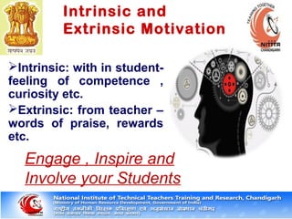 Intrinsic and
Extrinsic Motivation
Intrinsic: with in student-
feeling of competence ,
curiosity etc.
Extrinsic: from teacher –
words of praise, rewards
etc.
Engage , Inspire and
Involve your Students
 