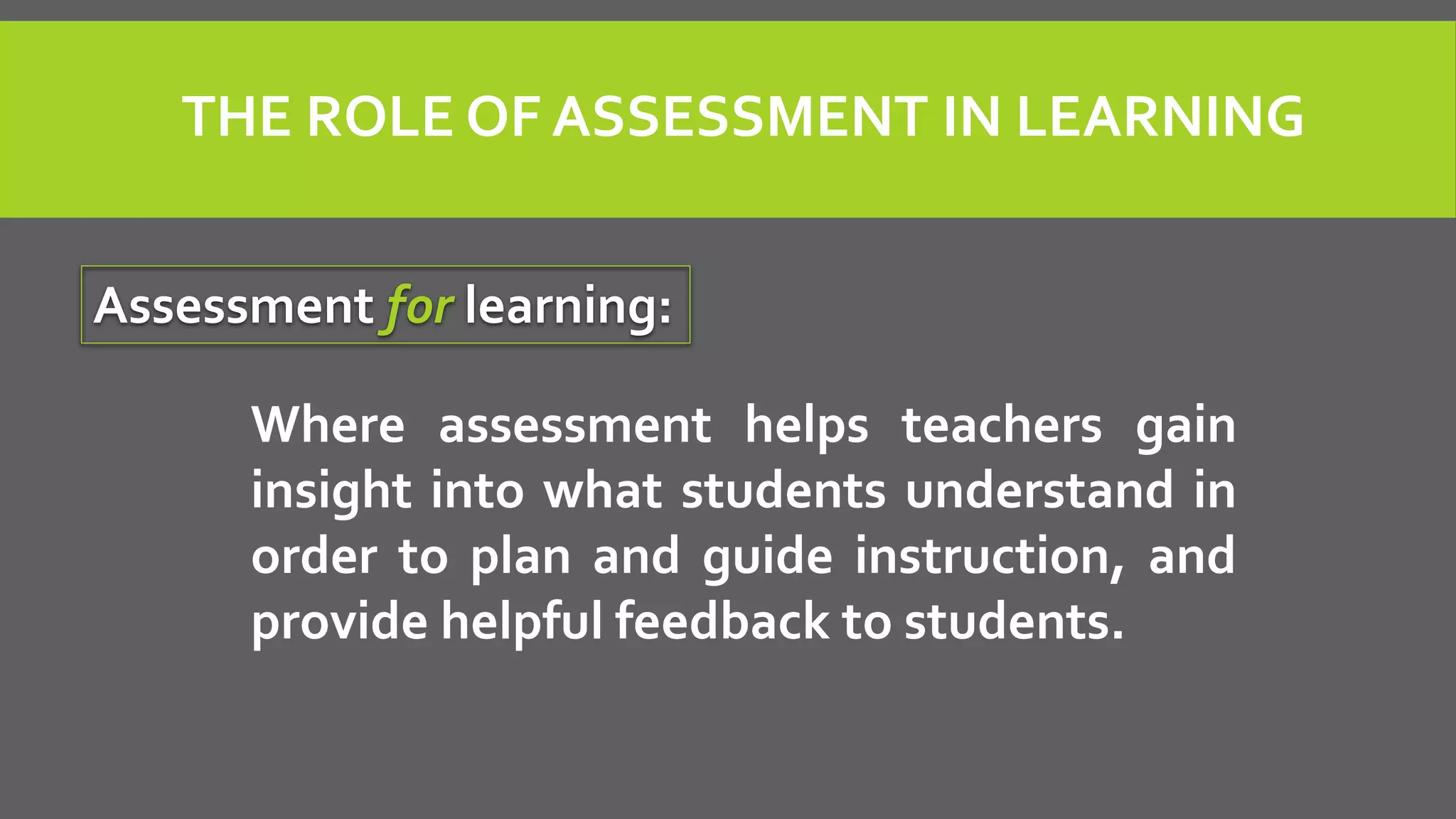 THE ROLE OF ASSESSMENT IN LEARNING
Assessment for learning:
Where assessment helps teachers gain
insight into what students understand in
order to plan and guide instruction, and
provide helpful feedback to students.
 
