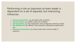 Performing a role as important as team leader is
dependent on a set of separate, but interacting,
influences:
 Personal c...