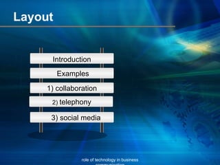 Layout role of technology in business communication Introduction Examples 1) collaboration 2) telephony 3) social media