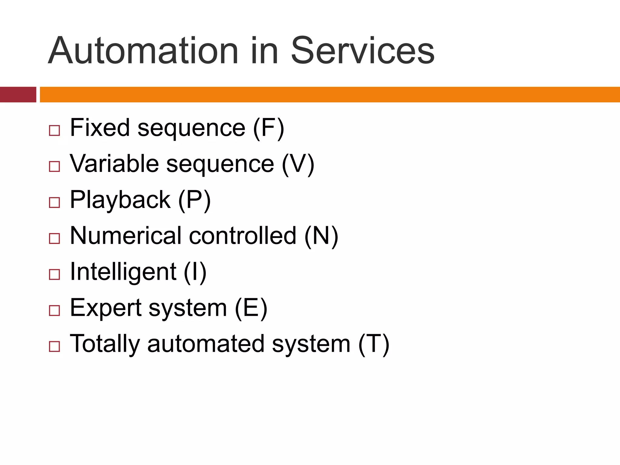 Automation in Services









Fixed sequence (F)
Variable sequence (V)
Playback (P)
Numerical controlled (N)
Intelligent (I)
Expert system (E)
Totally automated system (T)

 