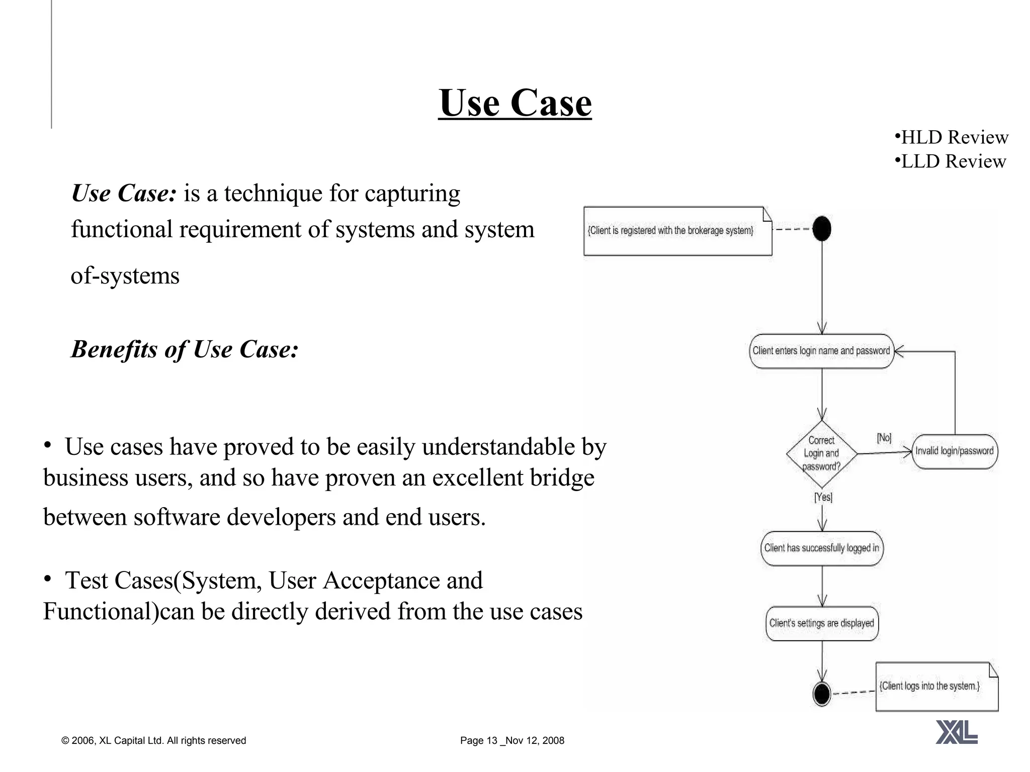 Use Case Use Case:  is a technique for capturing functional requirement of systems and system of-systems   Benefits of Use Case: HLD Review LLD Review   Use cases have proved to be easily understandable by business users, and so have proven an excellent bridge between software developers and end users.   Test Cases(System, User Acceptance and Functional)can be directly derived from the use cases  