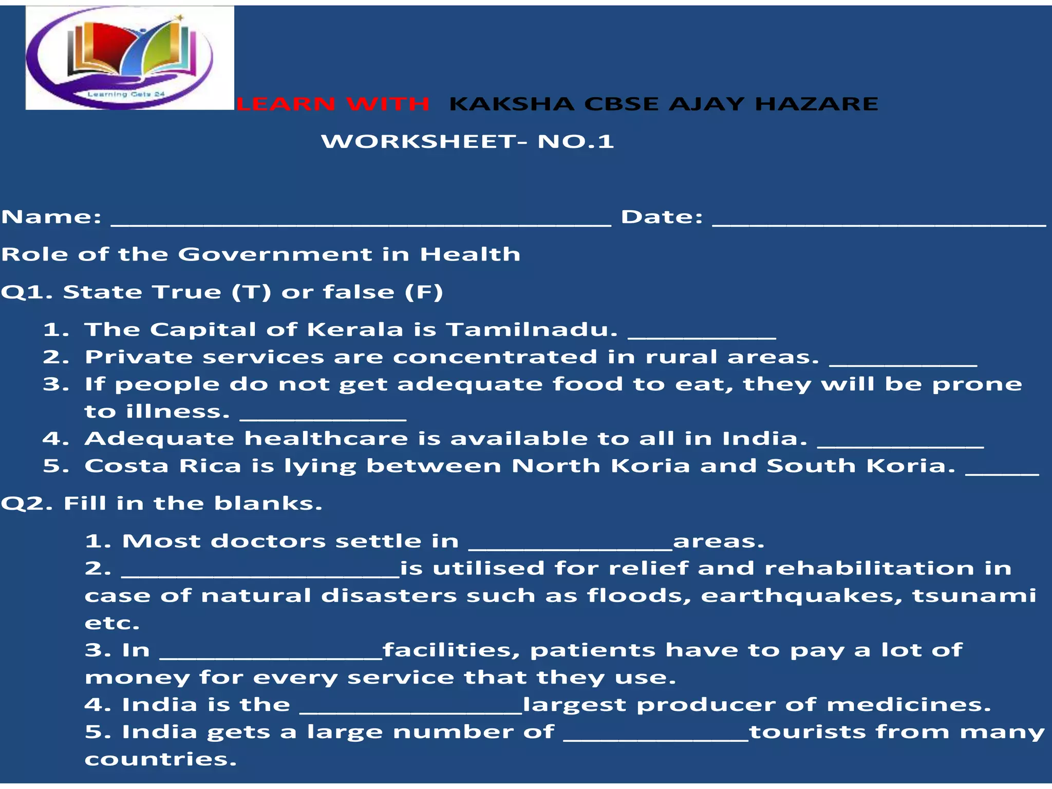 Role of the govt. in health class 7th civics | PPTX