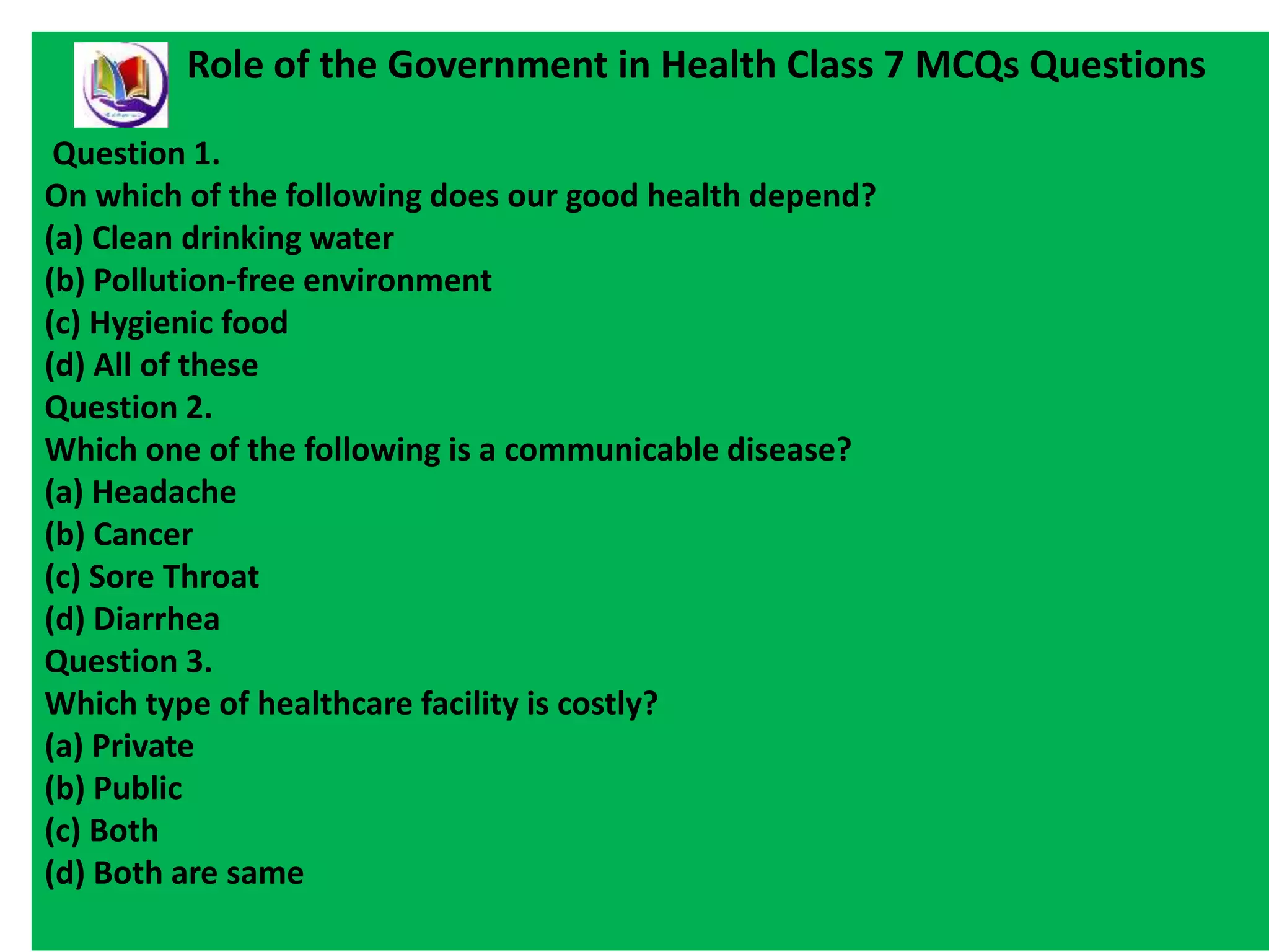 Role of the govt. in health class 7th civics | PPTX