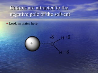 1515
Cations are attracted to theCations are attracted to the
negative pole of the solventnegative pole of the solvent
Look in water here
O
H
H
+δ
+δ
-δ
+
 