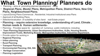 What Town Planning/ Planners do
• Planning – aims at promoting planned development using
• Regional Plans, Master Plans, Metropolitan Plans, District Plans, New City
Plans, Neighbourhood Plans;
• Layout/Zoning Plans-Commercial , Residential, Industrial Institutional area Plans
• Approval of all Building Plans;
• Selection/evaluation of suitability of sites /land- real-Estate project
• Planning – require extensive knowledge, understanding of Land, Climate ,
Human needs & Human settlements–
• Planning– Provides space for operation of numerous public institutions- including:
• Town Planning Departments; Urban Development Authorities, ULBs, Housing Boards,
Improvement Trusts, Marketing Boards; Metropolitan Authorities, Industries Department,
• Provide option for working in
• Regional Planning
• Urban planning
• Rural Planning
• Transport Planning,
• Environmental Planning; EIA, SIA
• Heritage Conservation
• Planning Legislation
 
