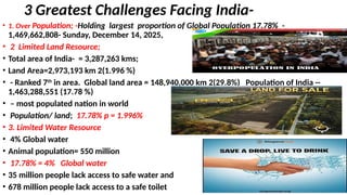 3 Greatest Challenges Facing India-
• 1. Over Population; -Holding largest proportion of Global Population 17.78% -
1,469,662,808- Sunday, December 14, 2025,
• 2 Limited Land Resource;
• Total area of India- = 3,287,263 kms;
• Land Area=2,973,193 km 2(1.996 %)
• - Ranked 7th
in area. Global land area = 148,940,000 km 2(29.8%) Population of India --
1,463,288,551 (17.78 %)
• – most populated nation in world
• Population/ land; 17.78% p = 1.996%
• 3. Limited Water Resource
• 4% Global water
• Animal population= 550 million
• 17.78% = 4% Global water
• 35 million people lack access to safe water and
• 678 million people lack access to a safe toilet
 