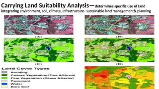Carrying Land Suitability Analysis—determines specific use of land
integrating environment, soil, climate, infrastructure- sustainable land management& planning
 