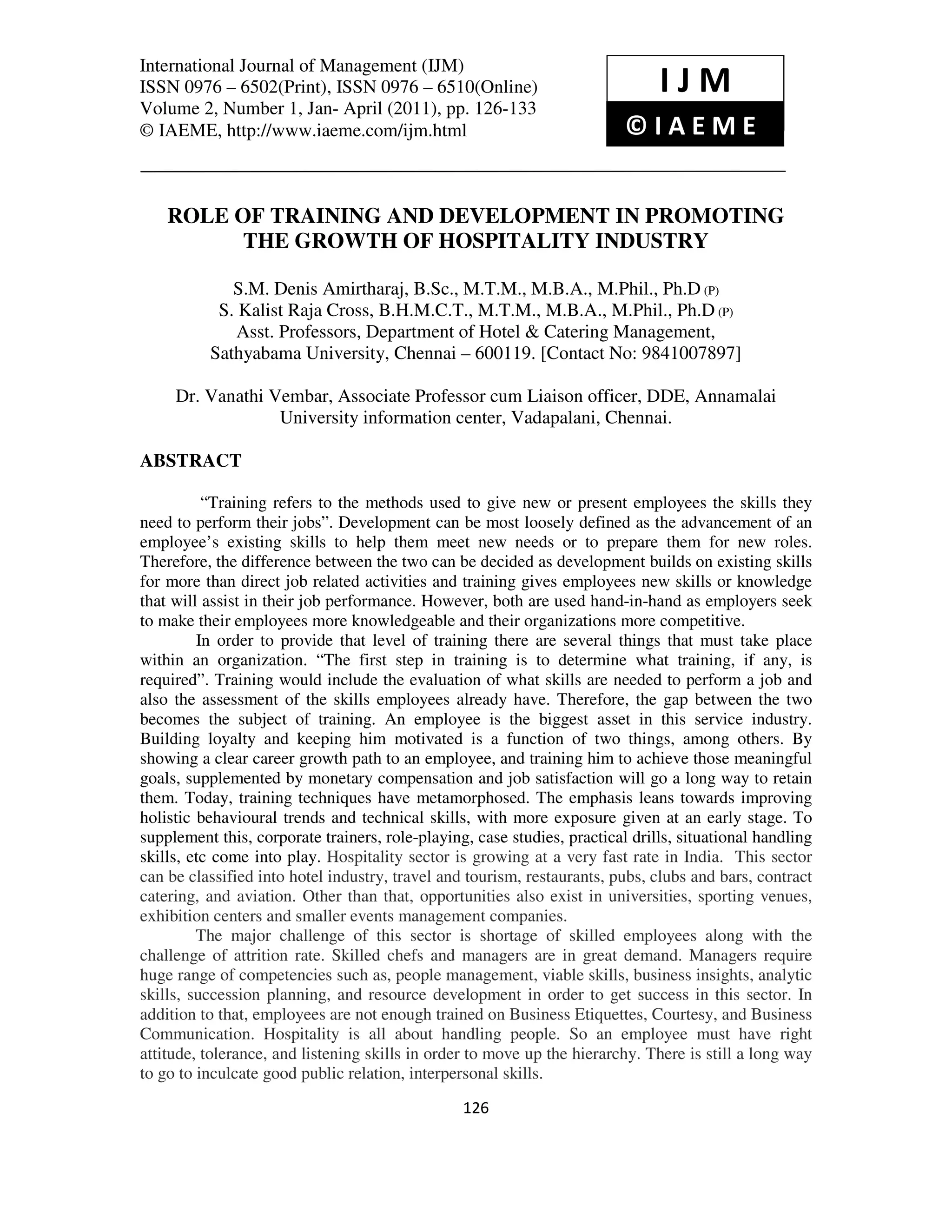 Role of training and development in promoting the growth of hospitality ...