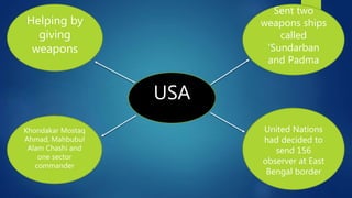 USA
Khondakar Mostaq
Ahmad, Mahbubul
Alam Chashi and
one sector
commander
United Nations
had decided to
send 156
observer at East
Bengal border
Sent two
weapons ships
called
'Sundarban
and Padma
Helping by
giving
weapons
 